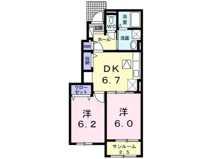 プラシードII(2DK/1階)の間取り写真