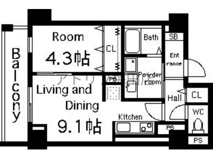 シャンテ与力町(1LDK/6階)の間取り写真