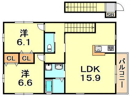 グランディール山手 B棟(2LDK/2階)の間取り写真