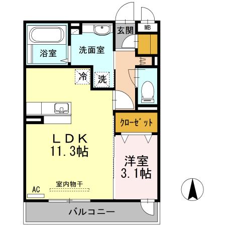 KRANE B棟(1LDK/3階)の間取り写真
