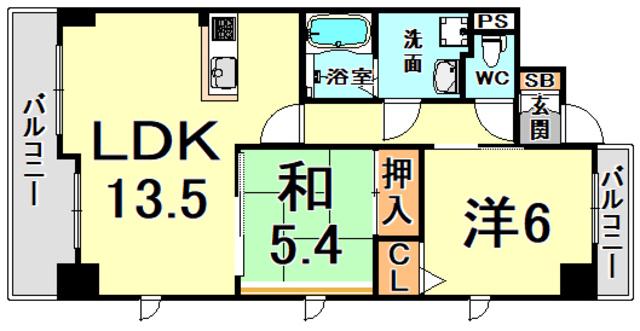 ラ・カーサフェリーチェ阪神尼崎(2LDK/3階)の間取り写真