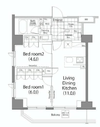パークハビオ秋葉原(2LDK/9階)の間取り写真
