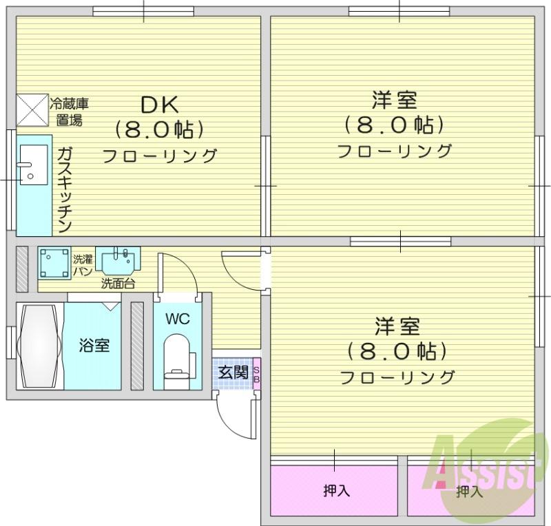 CHリベルテ B棟(2DK/1階)の間取り写真