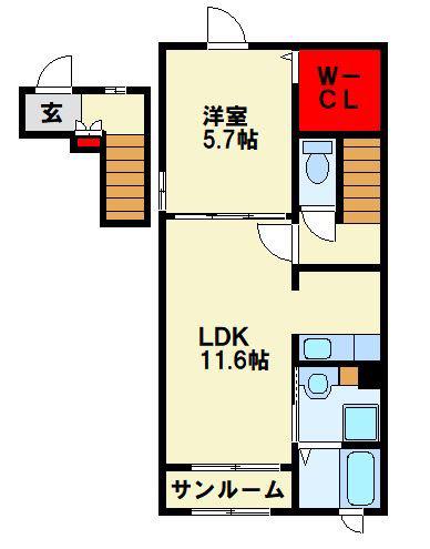 プリムヴェール B(1LDK/2階)の間取り写真