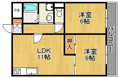 シャトー味谷(2LDK/3階)の間取り写真