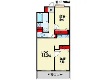 ソレアード苅田(2LDK/12階)の間取り写真