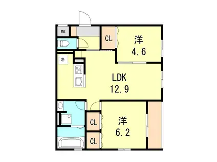 ブル・マリーノ衣掛(2LDK/1階)の間取り写真