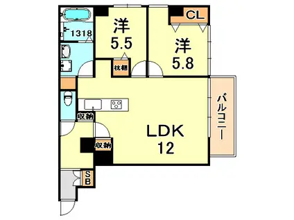 LEAFY北野(2LDK/4階)の間取り写真