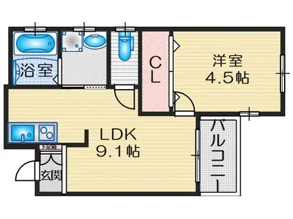 ナイスコーポ豊津(1LDK/3階)の間取り写真