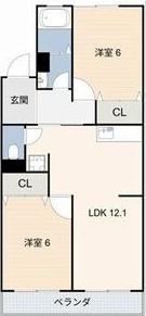 雁ヶ音マンション(2LDK/3階)の間取り写真