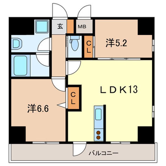 旭ビルサンライズレジデンス(2LDK/6階)の間取り写真