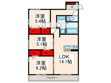 メゾンドシェリール(3LDK/3階)の間取り写真
