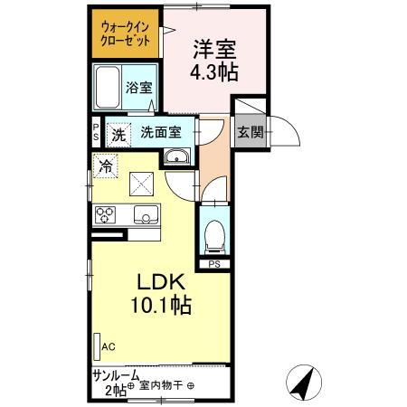 マウントナンバ スプリング(1LDK/1階)の間取り写真