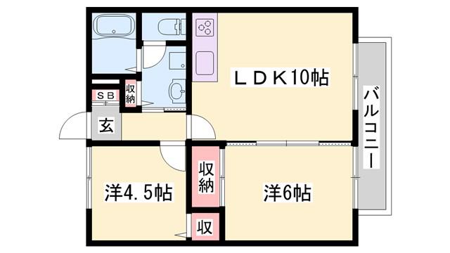 フラワーハイツ B棟(2LDK/2階)の間取り写真