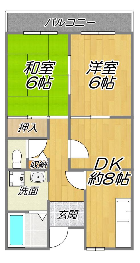 最上階・陽当たり抜群の2DK (2DK/3階)の間取り写真