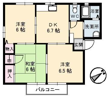 サンコートヴィレッジ B棟(3DK/1階)の間取り写真