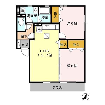 ローズハイム馬渡A棟(2LDK/1階)の間取り写真