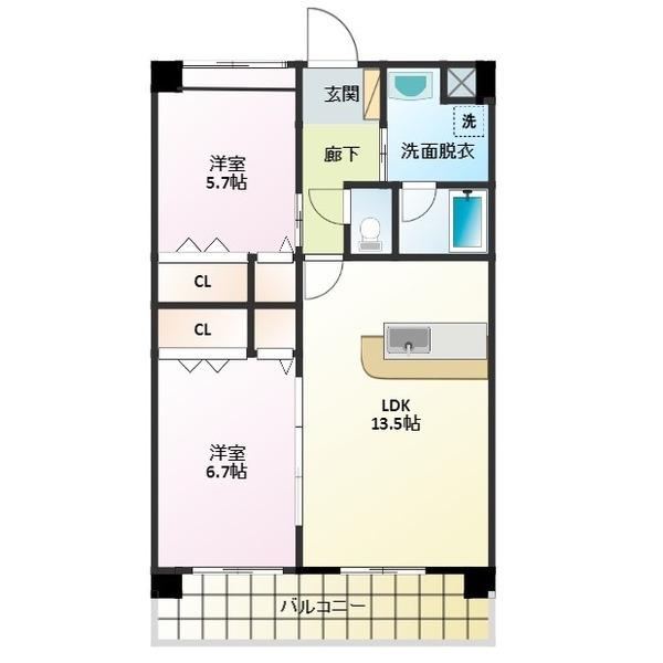 グランコムサ寺崎(2LDK/2階)の間取り写真