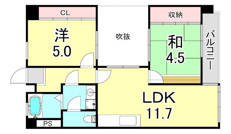 ウィング長田北町(2LDK/7階)の間取り写真