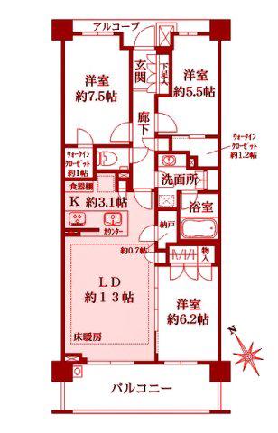 ザ・パークハウス東戸塚レジデンス(3LDK/7階)の間取り写真