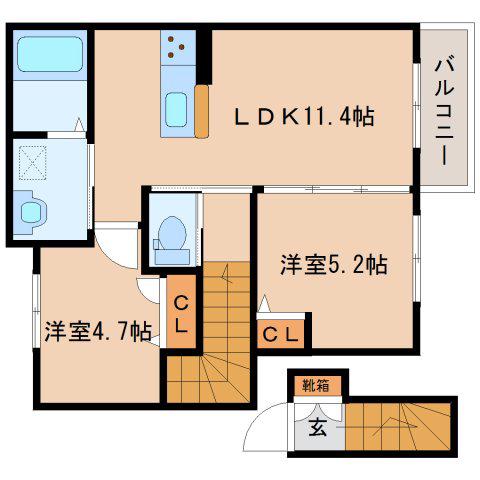 エクセルコート北郡山 B(2LDK/2階)の間取り写真