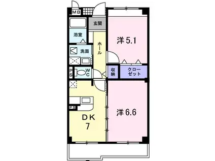 クリスタルウイング輝(2DK/2階)の間取り写真