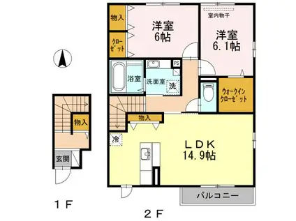 ヴィラージュ A棟(2LDK/2階)の間取り写真