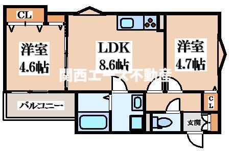 クリエオーレ津の辺町II(2LDK/3階)の間取り写真