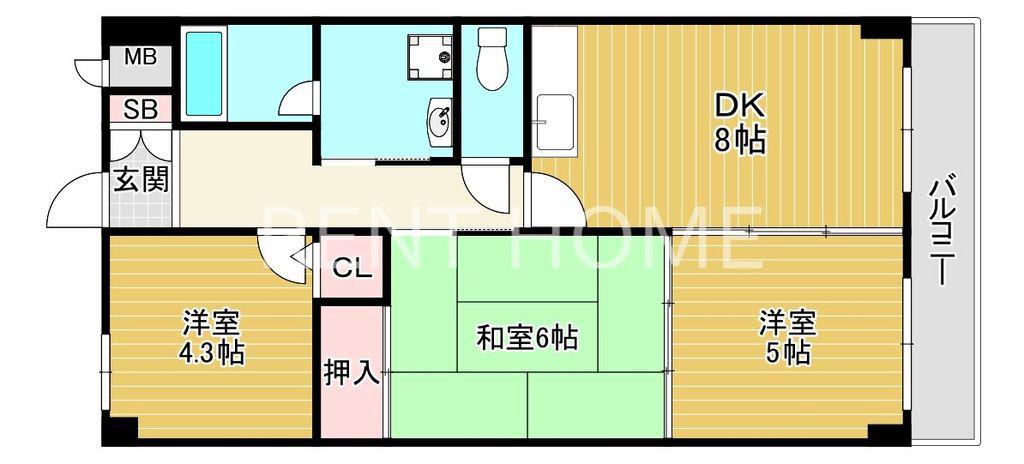 ブランシェ高安(3DK/5階)の間取り写真