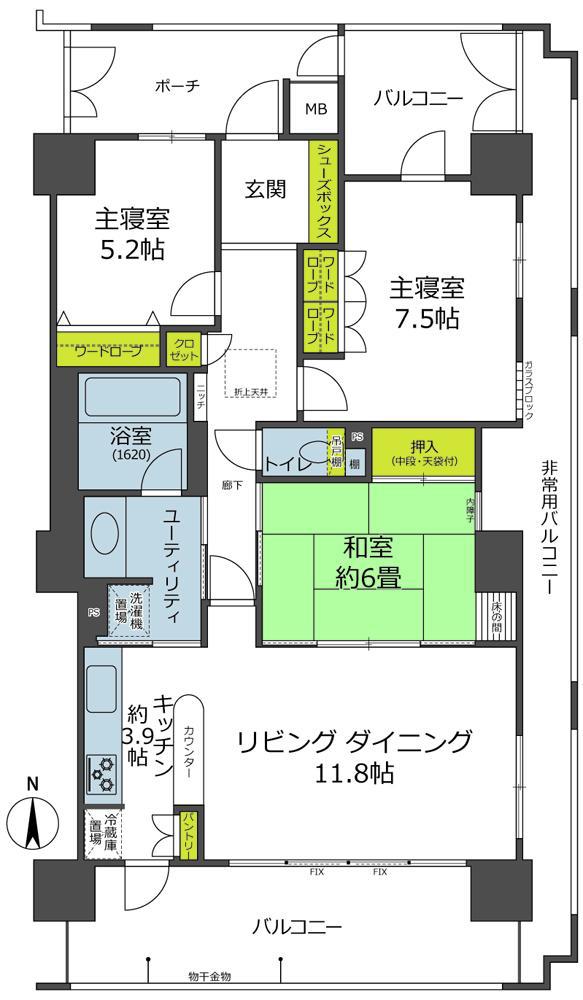 ユニハイム与力町公園(3LDK/16階)の間取り写真