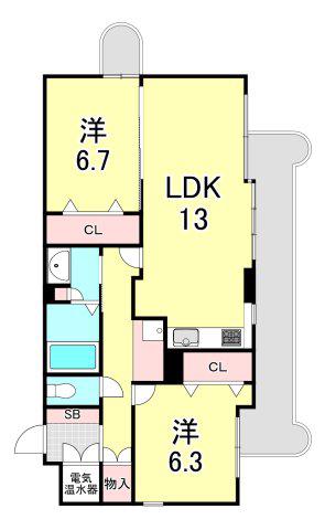 チェリービュウ芦屋川(2LDK/3階)の間取り写真