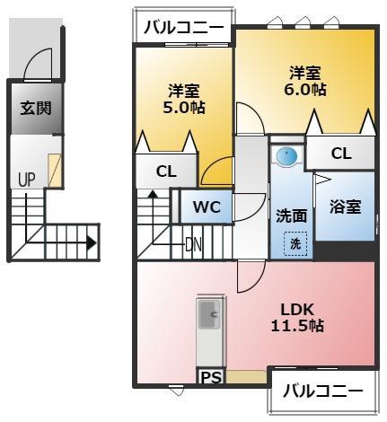 ディアコートK VI(2LDK/2階)の間取り写真