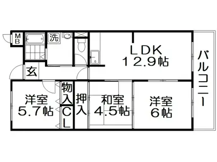 香里ヶ丘II番館(3LDK/3階)の間取り写真