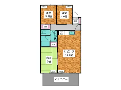 ロイヤルハイツ谷原(3LDK/3階)の間取り写真