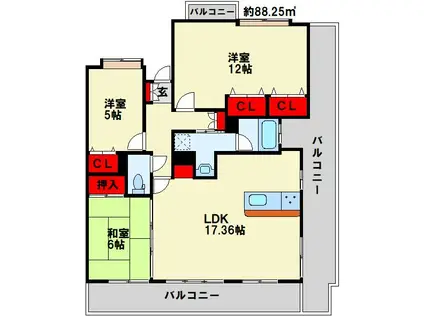 エイルマンション香春口ロゼア(3LDK/14階)の間取り写真