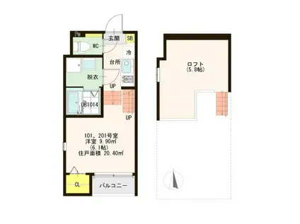 ハーモニーテラス中田II(1K/2階)の間取り写真