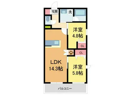西宮市甲東園2丁目ヘーベルメゾン(2LDK/1階)の間取り写真