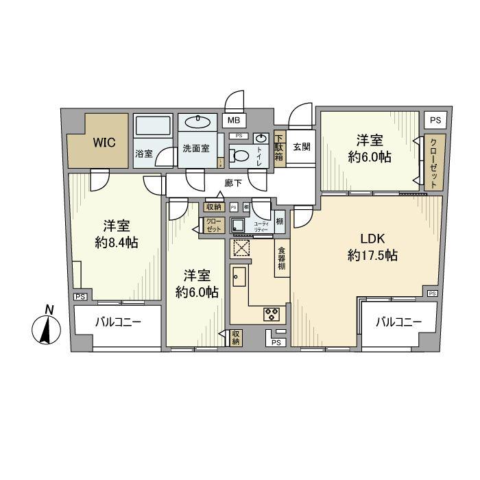ラ・コルダ弦巻 ガーデンコート(3LDK/4階)の間取り写真