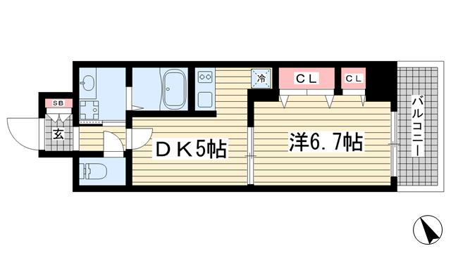 プレジール三宮II(1DK/9階)の間取り写真