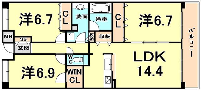 甲子園六石町ハイツ(3LDK/4階)の間取り写真