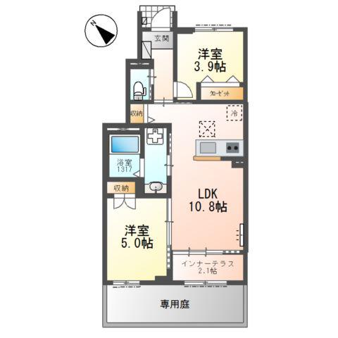 ウィルヴィレッジ弐番館(2LDK/1階)の間取り写真