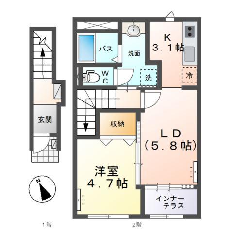 水戸市大塚町字糀内 アパート(1LDK/2階)の間取り写真