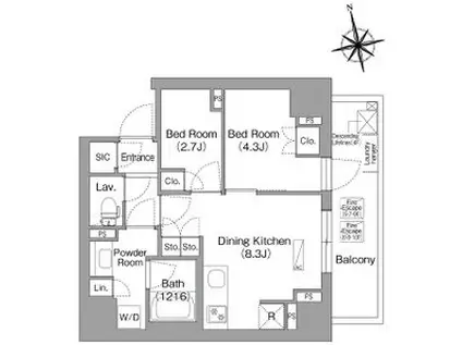 コンフォリア・リヴ門前仲町イースト(2DK/4階)の間取り写真