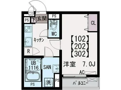 イクシオ中葛西(1K/2階)の間取り写真