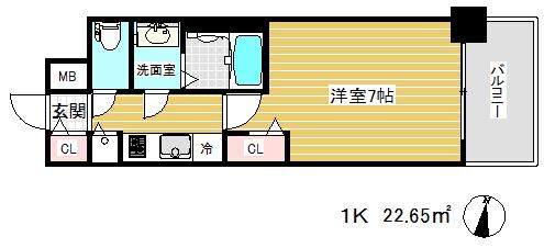 プレサンス三宮東フィール(1K/4階)の間取り写真