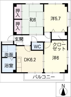 グランデージ白川B棟(3DK/1階)の間取り写真