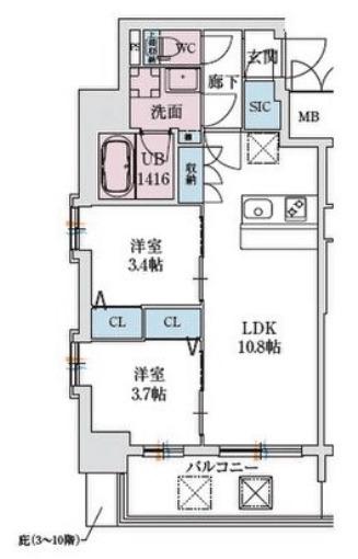 スプランディッド弁天町DUE(2LDK/3階)の間取り写真