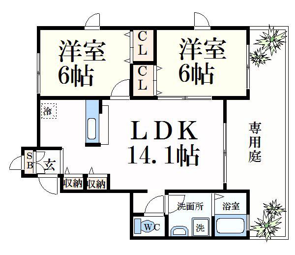 パディフィールド今宿(2LDK/1階)の間取り写真