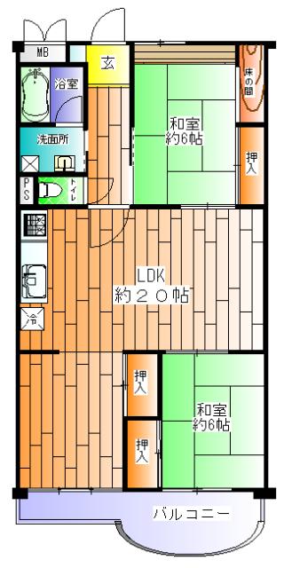北須磨団地D2(2LDK/4階)の間取り写真