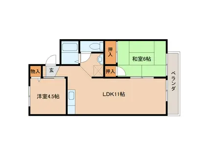 ジョイフル東生駒B棟(2LDK/1階)の間取り写真